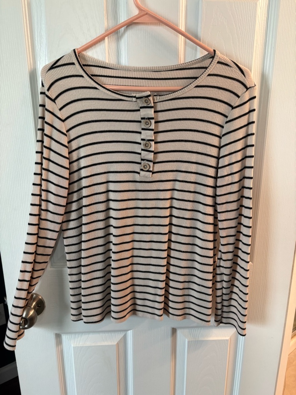 Striped Long-Sleeve Henley Top in White and Black